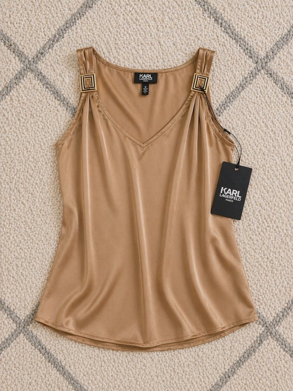 Karl Lagerfeld Paris V Neck Hardware Tank Cartouche Brown Medium NWT Satin Top - Picture 4 of 8